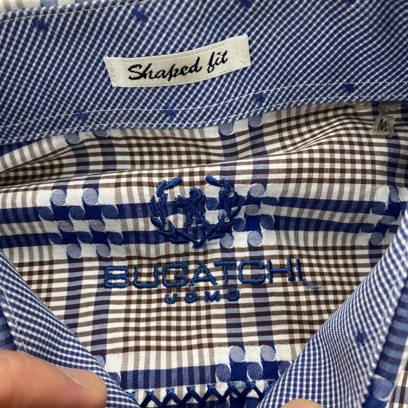 BUGATCHI UOMO Shirt Men Medium M Brown Blue Checkered Button Up Long Sleeve Polo - Picture 3 of 8